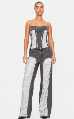 Outlet PrettyLittleThing Extreme Distressed Sequin Panel Strapless Denim Top Washed Black
