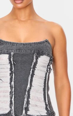 Outlet PrettyLittleThing Extreme Distressed Sequin Panel Strapless Denim Top Washed Black