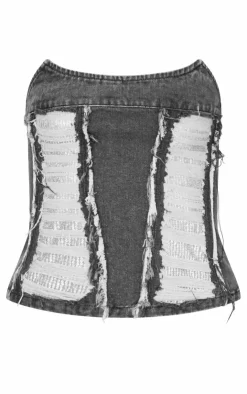 Outlet PrettyLittleThing Extreme Distressed Sequin Panel Strapless Denim Top Washed Black
