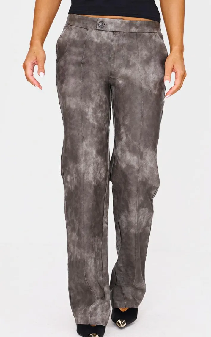 Washed Black Faux Leather Pintuck Detail Straight Leg Pants