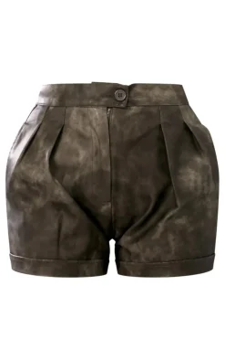 Washed Black Faux Leather Pleat Detail Shorts