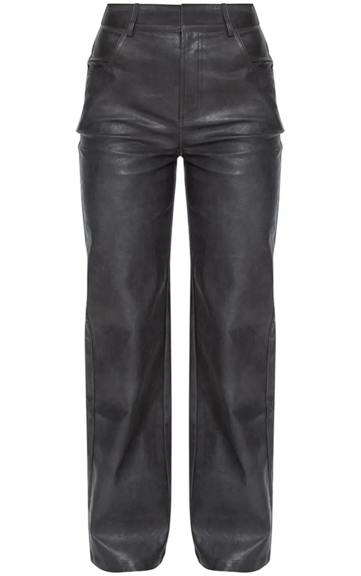 Washed Black Faux Leather Straight Leg Pants