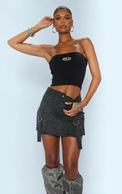 Washed Black Faux Leather Pocket Cargo Mini Skirt