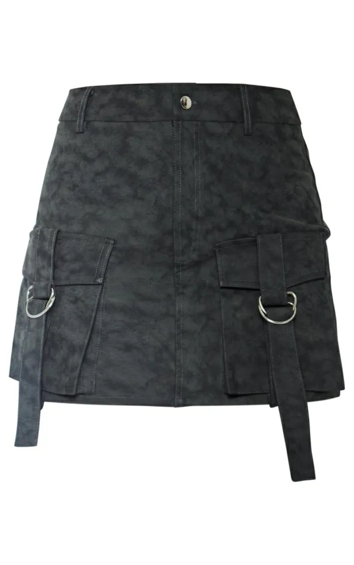 Washed Black Faux Leather Pocket Cargo Mini Skirt