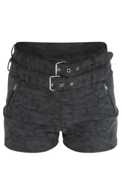 Washed Black Faux Leather Belted Shorts