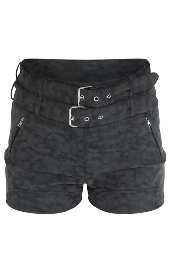 Washed Black Faux Leather Belted Shorts