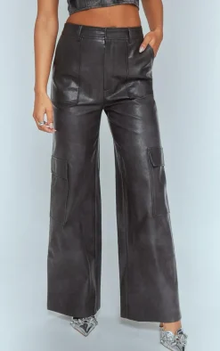 Washed Black Faux Leather Pocket Wide Leg Cargo Pants