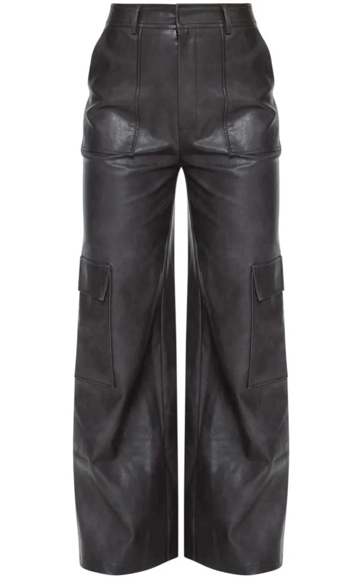 Washed Black Faux Leather Pocket Wide Leg Cargo Pants