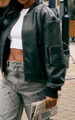 PrettyLittleThing Bomber Jackets*Faux Leather Distressed Zip Detail Bomber Jacket