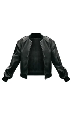 PrettyLittleThing Bomber Jackets*Faux Leather Distressed Zip Detail Bomber Jacket