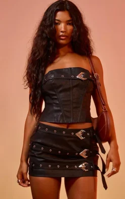 Outlet PrettyLittleThing Faux Leather Belt Detail Corset Washed Black