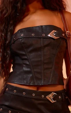 Outlet PrettyLittleThing Faux Leather Belt Detail Corset Washed Black