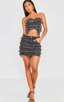 PrettyLittleThing Frayed Seam Detail Mini Denim Skirt Washed Black