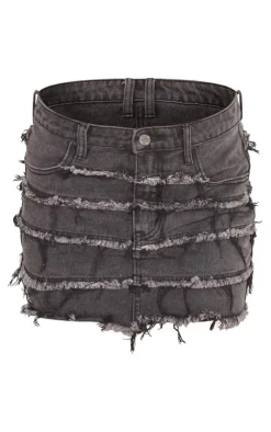 PrettyLittleThing Frayed Seam Detail Mini Denim Skirt Washed Black