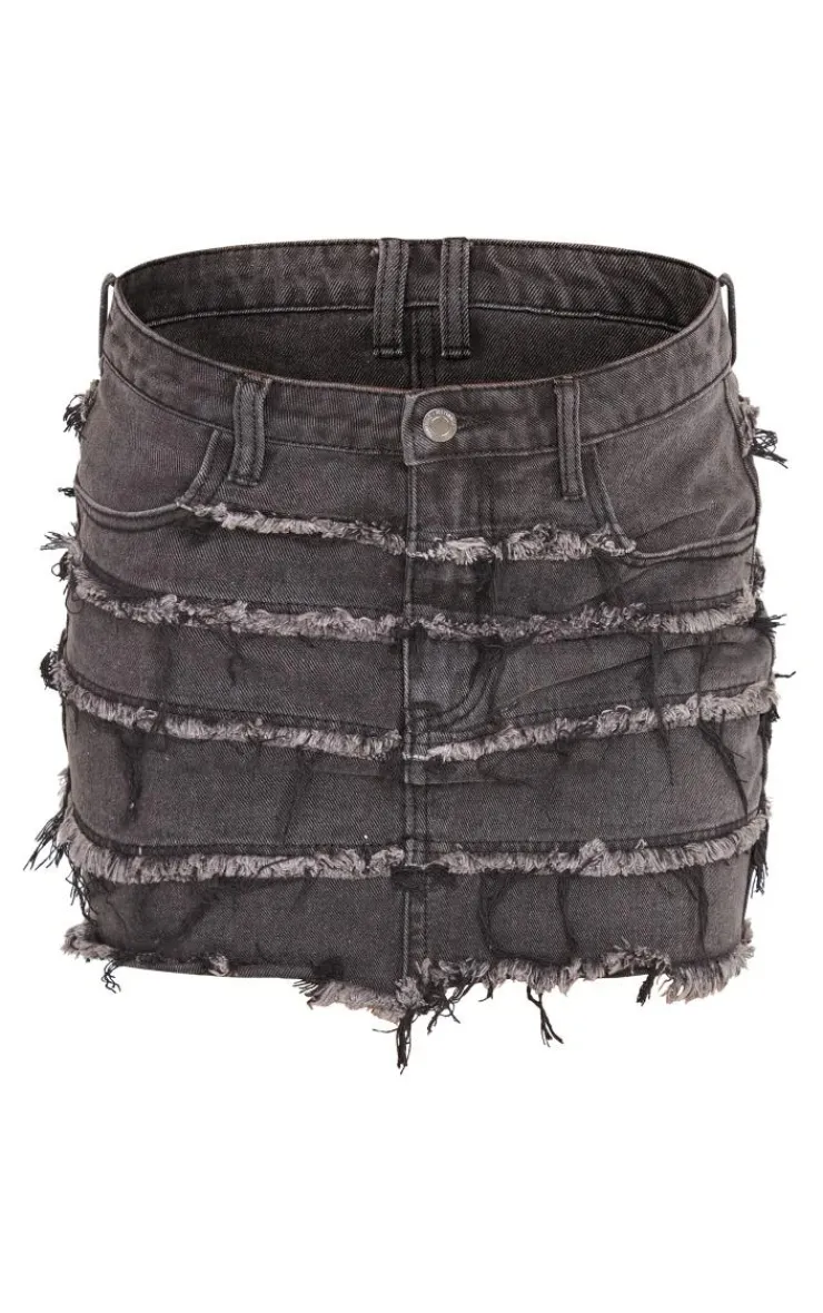PrettyLittleThing Frayed Seam Detail Mini Denim Skirt Washed Black