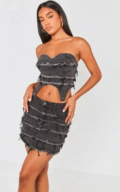 Outlet PrettyLittleThing Frayed Seam Detail Denim Corset Washed Black