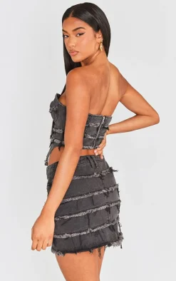 Outlet PrettyLittleThing Frayed Seam Detail Denim Corset Washed Black