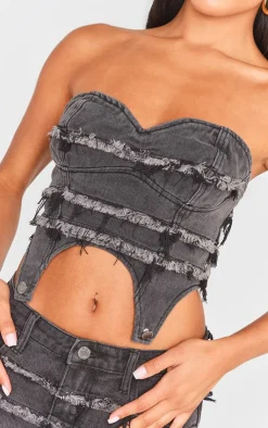 Outlet PrettyLittleThing Frayed Seam Detail Denim Corset Washed Black