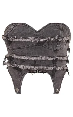 Outlet PrettyLittleThing Frayed Seam Detail Denim Corset Washed Black