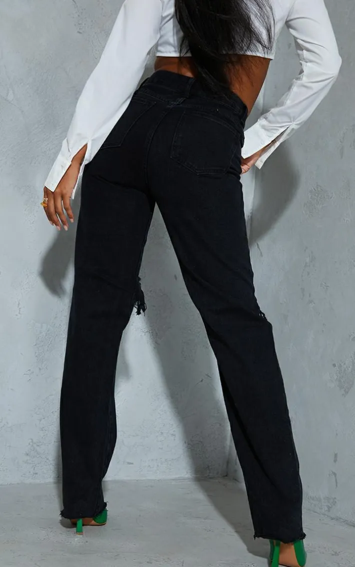 Washed Black High Rise Ripped Straight Leg Jeans