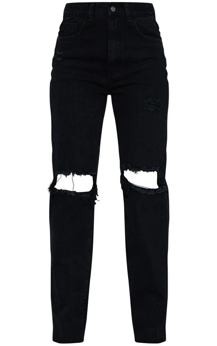 Washed Black High Rise Ripped Straight Leg Jeans