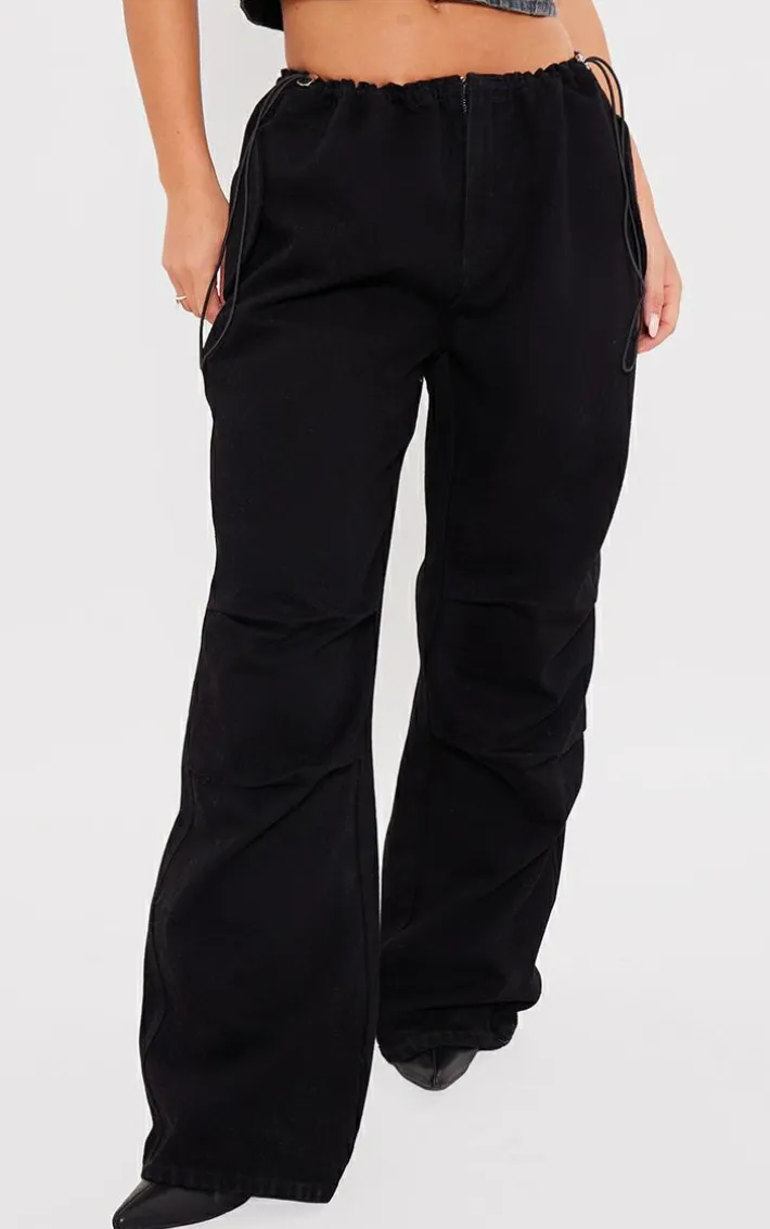 Washed Black Low Rise Elastic Waist Tuck Detailed Slouchy Jeans