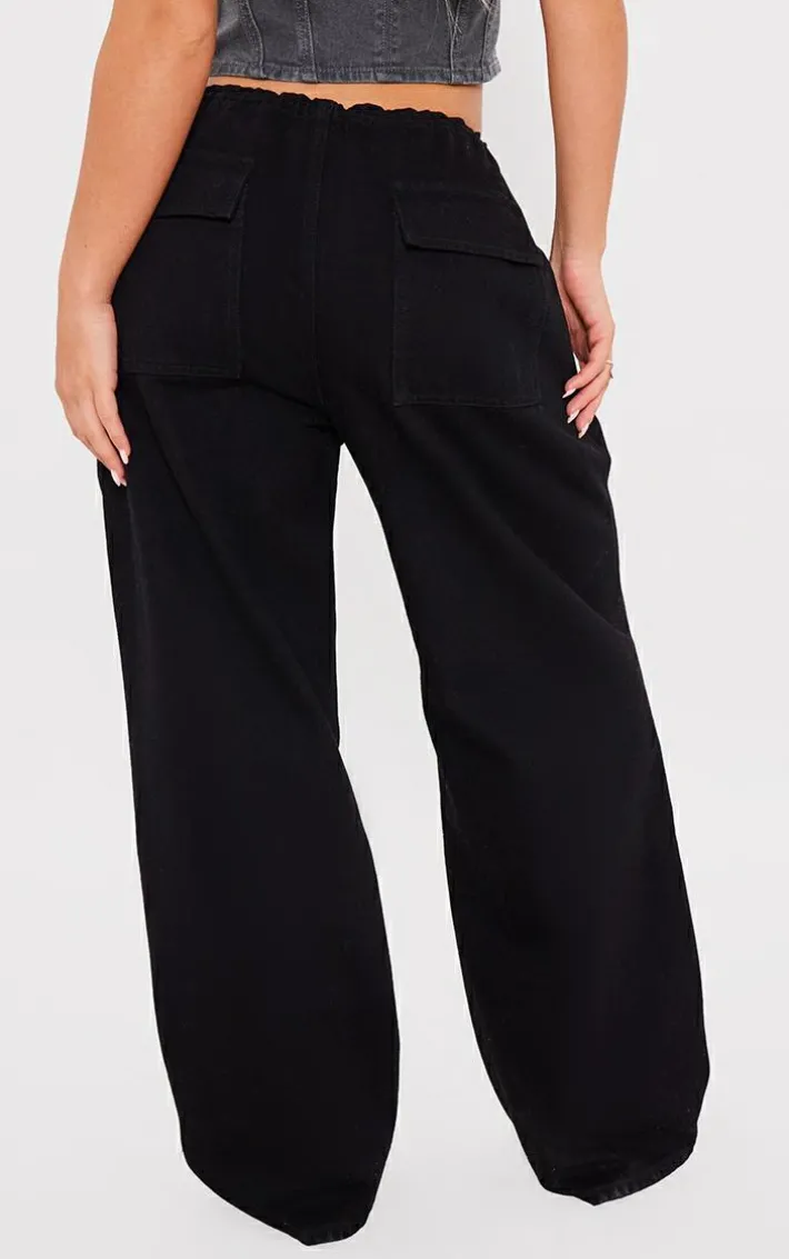 Washed Black Low Rise Elastic Waist Tuck Detailed Slouchy Jeans