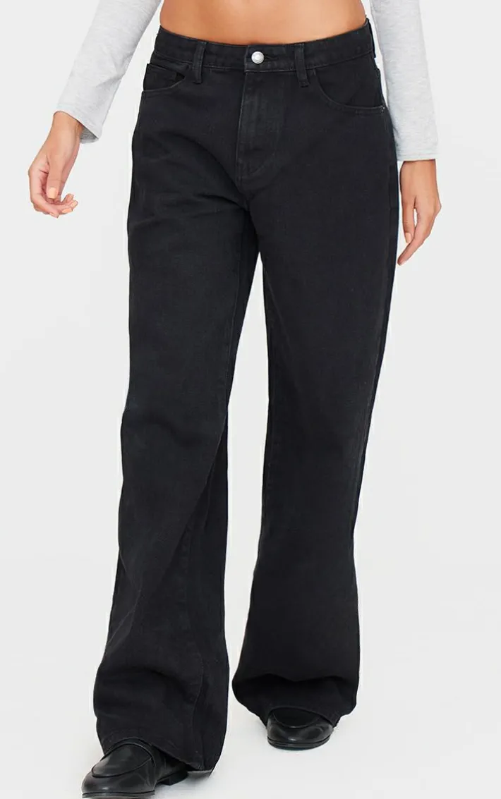 Washed Black Low Rise Wide Leg Jean