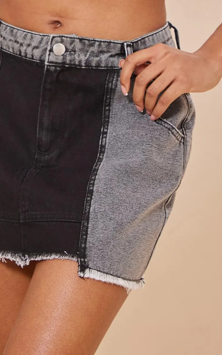 Washed Black Panel Denim Mini Skirt