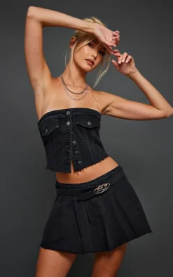 Discount PrettyLittleThing Pocket Detail Cropped Denim Corset Top Washed Black
