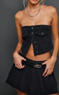 Discount PrettyLittleThing Pocket Detail Cropped Denim Corset Top Washed Black