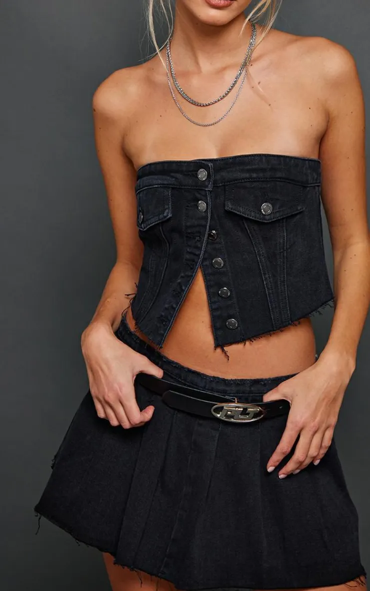 Discount PrettyLittleThing Pocket Detail Cropped Denim Corset Top Washed Black