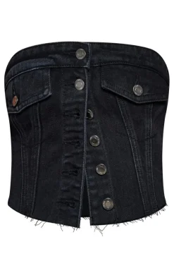 Discount PrettyLittleThing Pocket Detail Cropped Denim Corset Top Washed Black