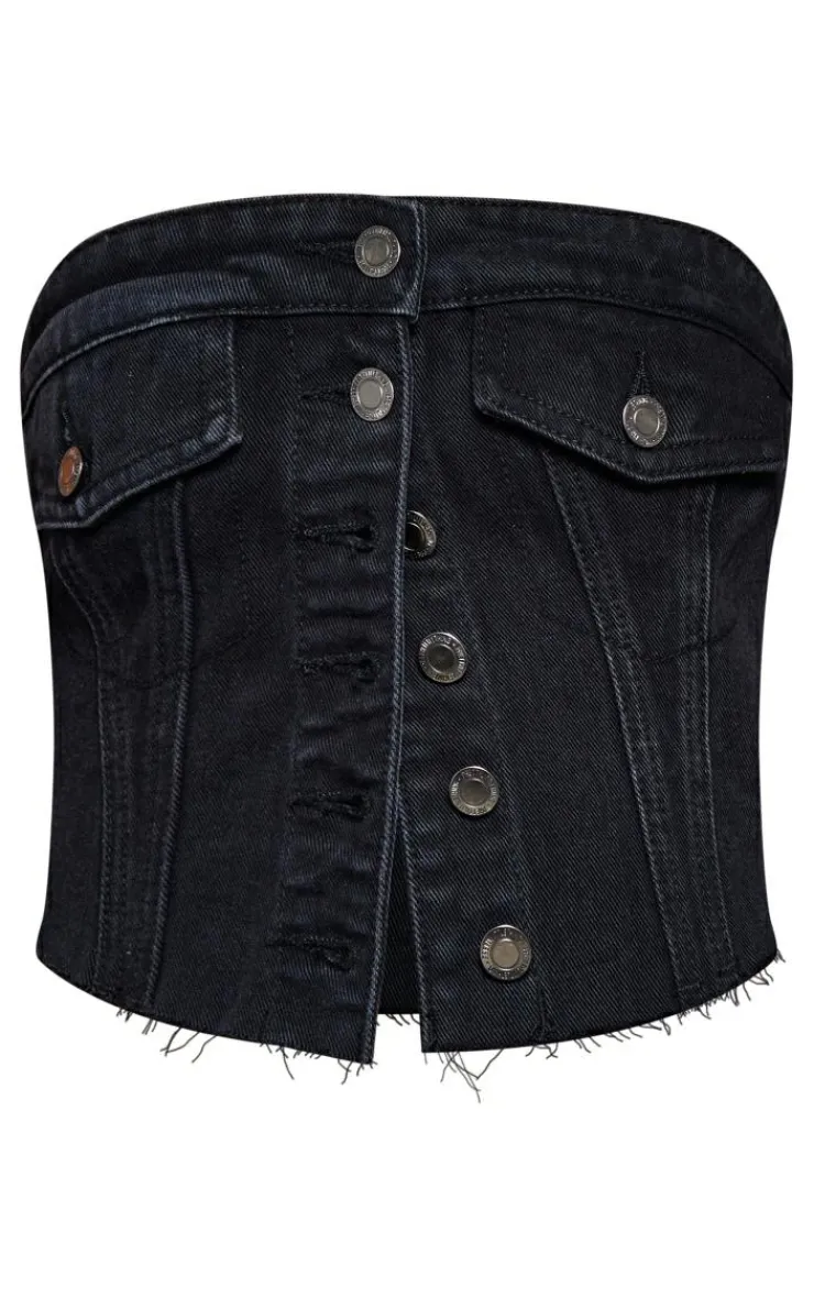 Discount PrettyLittleThing Pocket Detail Cropped Denim Corset Top Washed Black