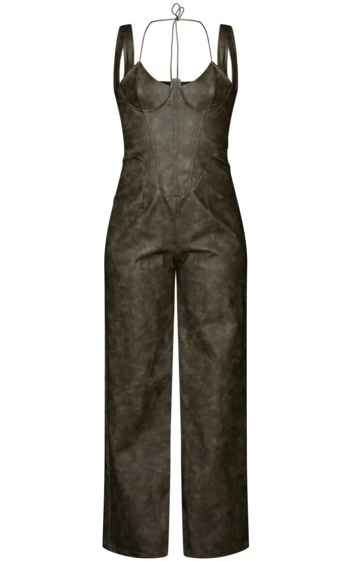 Washed Black PU Underwire Strap Detail Flared Jumpsuit