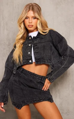 Outlet PrettyLittleThing Seam Detail Asymmetric Denim Mini Skirt Washed Black