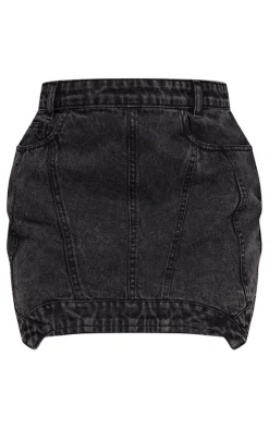 Outlet PrettyLittleThing Seam Detail Asymmetric Denim Mini Skirt Washed Black