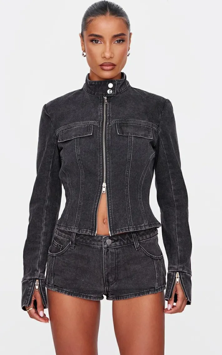 Washed Black Seam Detail Longline Fitted Racer Denim Jacket