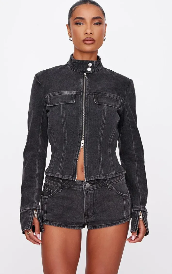 Washed Black Seam Detail Longline Fitted Racer Denim Jacket