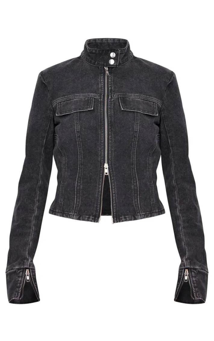 Washed Black Seam Detail Longline Fitted Racer Denim Jacket