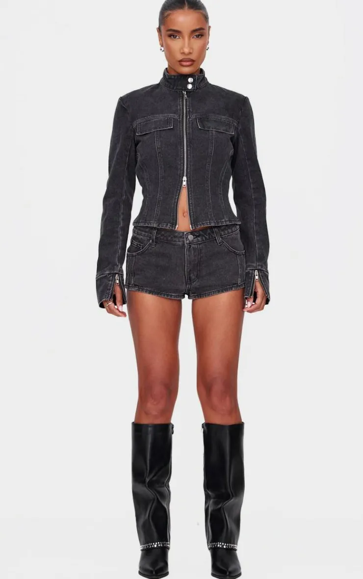 Discount PrettyLittleThing Seam Detail Denim Hotpants Washed Black