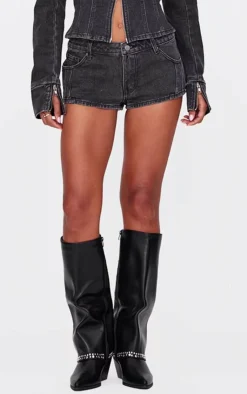 Discount PrettyLittleThing Seam Detail Denim Hotpants Washed Black
