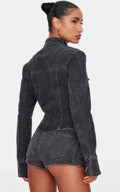 Discount PrettyLittleThing Seam Detail Denim Hotpants Washed Black