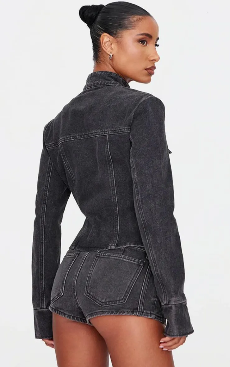 Discount PrettyLittleThing Seam Detail Denim Hotpants Washed Black