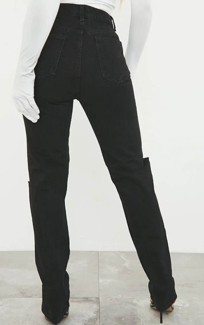 Washed Black Slash Knee Long Leg Straight Leg Jeans