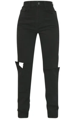 Washed Black Slash Knee Long Leg Straight Leg Jeans
