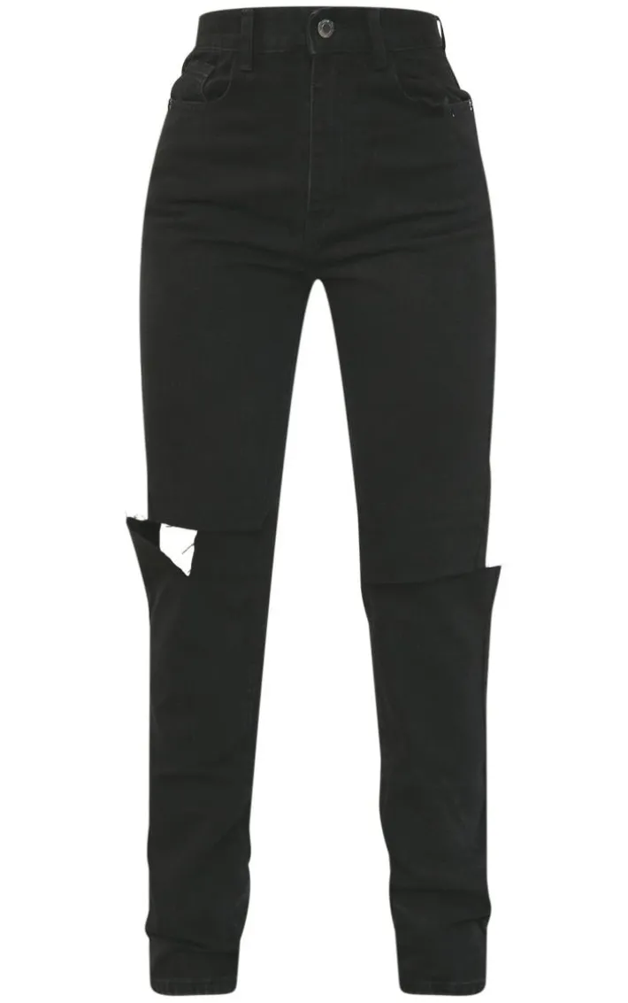 Washed Black Slash Knee Long Leg Straight Leg Jeans