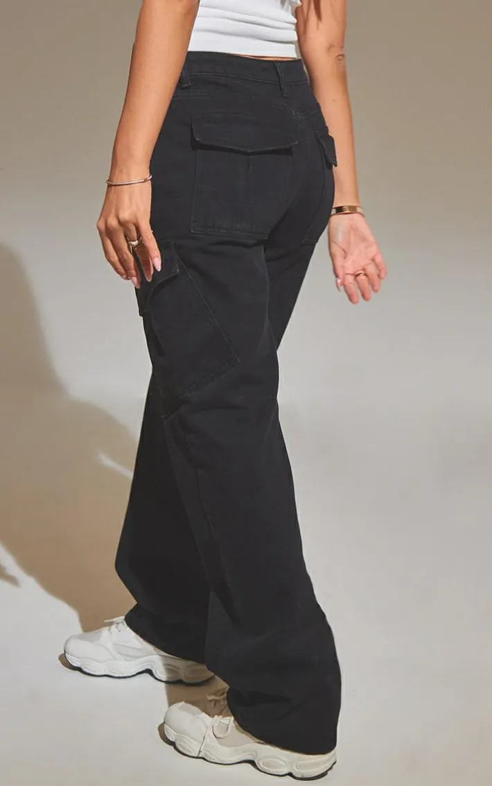 Washed Black Slim Fit Cargo Pocket Boyfriend Jeans