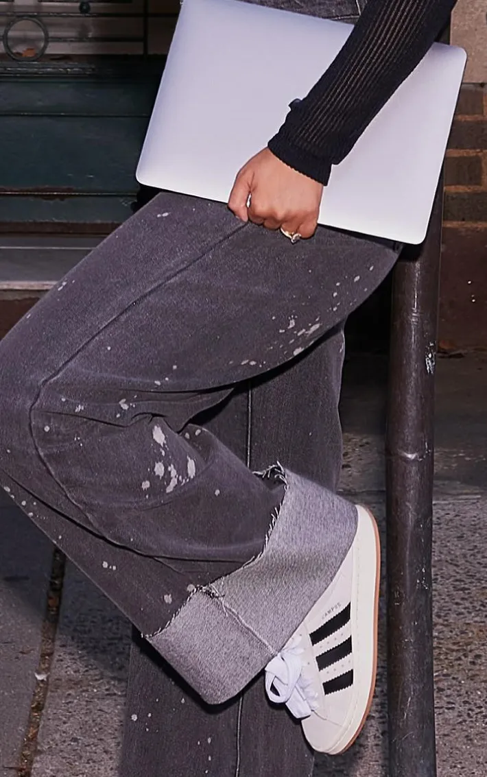Washed Black Splatter Detail Wide Leg Jeans