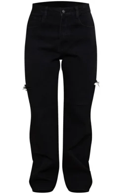 Washed Black Thigh Split Baggy Boyfriend Jeans